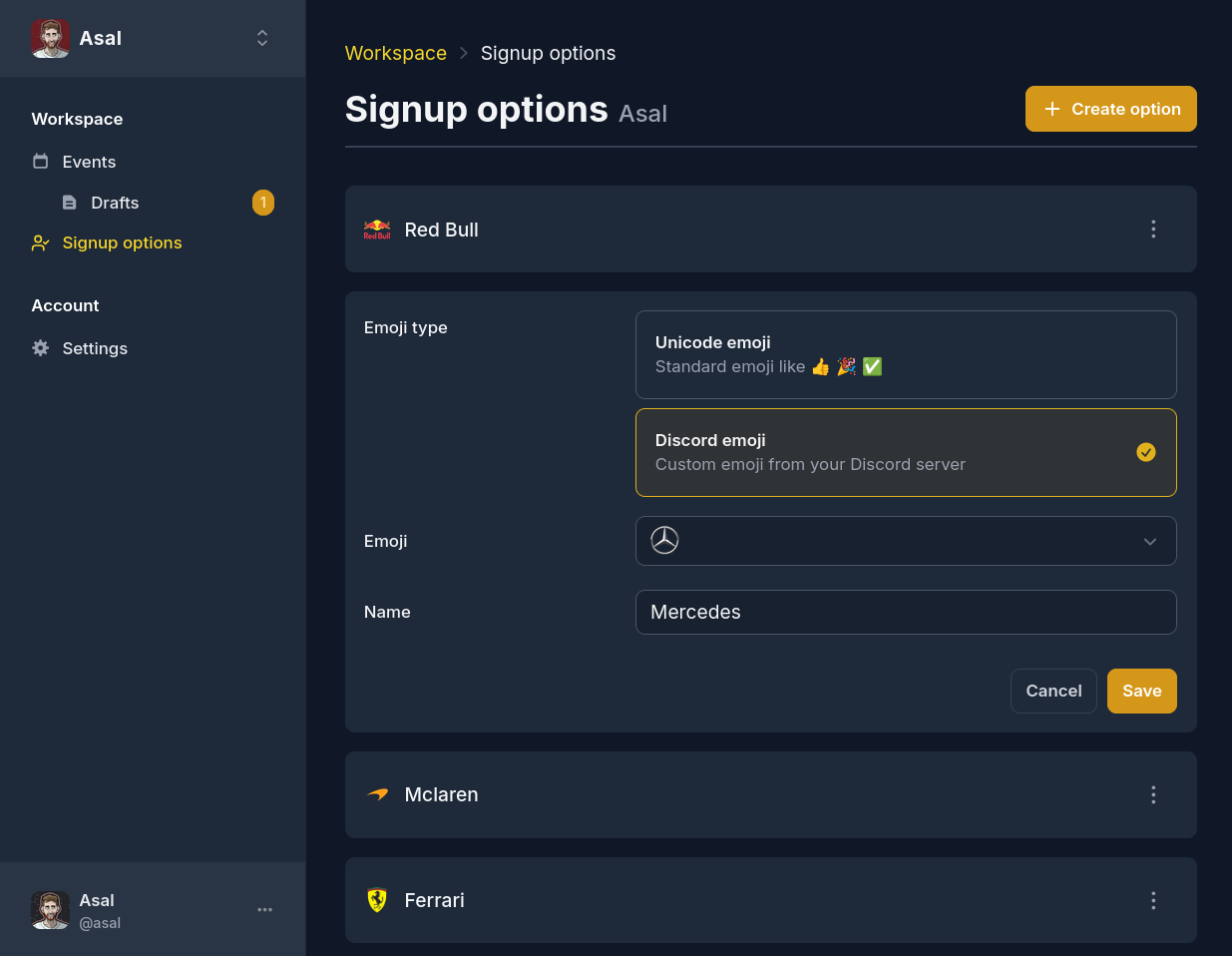 Event creation flow showing signup option customization