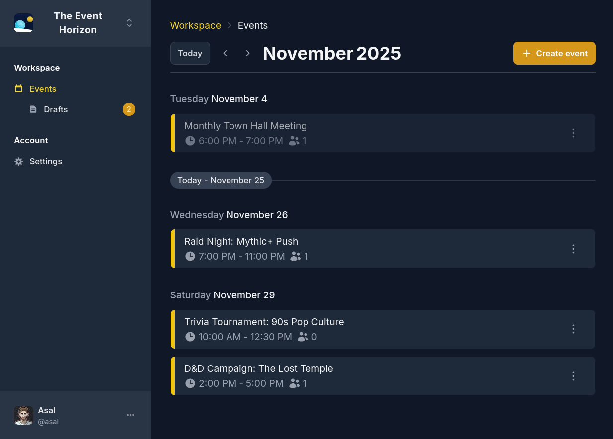 Event dashboard showing upcoming events